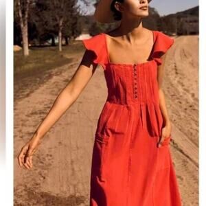 Pilcro Anthropologie Flutter Sleeve Midi Dress Cottage Boho Western Coral Large
